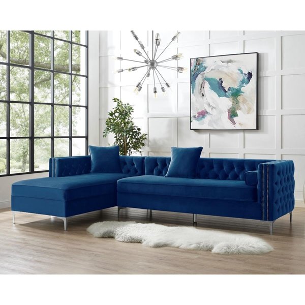 Comfortcorrect Levi Velvet Tufted with Silver Nailhead Trim Metal Y-leg Left Facing Chaise Sectional Sofa - Navy CO2625050